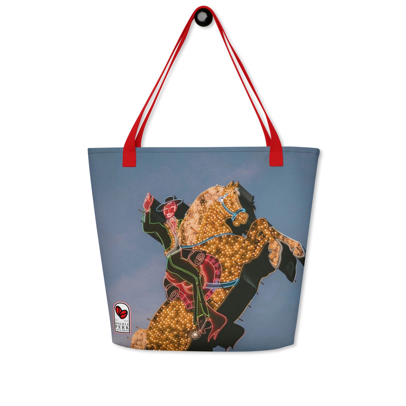 Cowboy Glow Tote with neon cowboy and horse graphic on black background