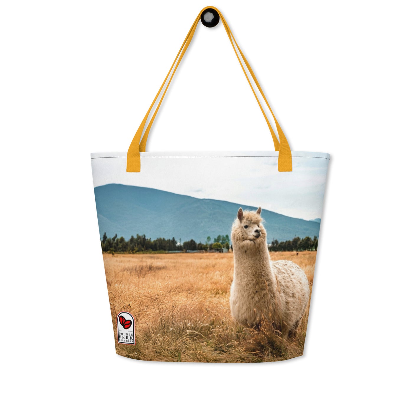 Peruvian Llama Tote featuring a relaxed llama and mountain scenery.